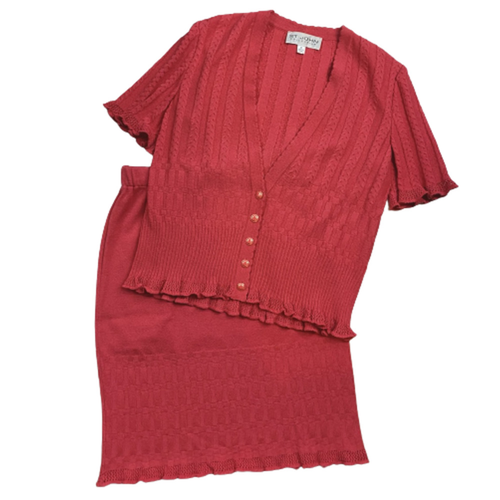 STUNNING ST. JOHN KNIT PINK BUTTON CARDIGAN BLOUSE & SKIRT 2 P